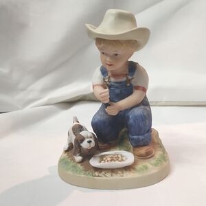 Boy with Dog Figurine in Overalls "Denim Days"